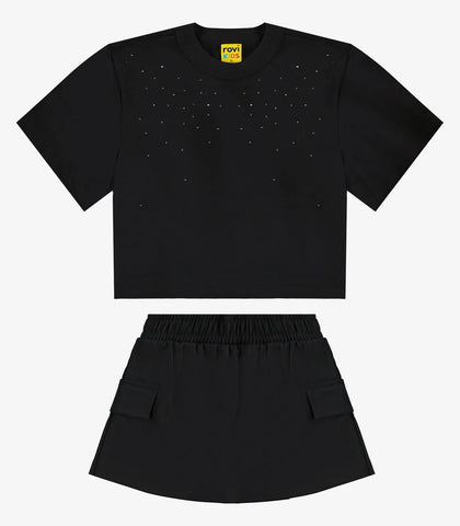 CONJ FEM BL STRASS SHORT SAIA BOLSO MLT PRETO
