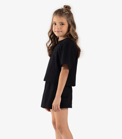 CONJ FEM BL STRASS SHORT SAIA BOLSO MLT PRETO
