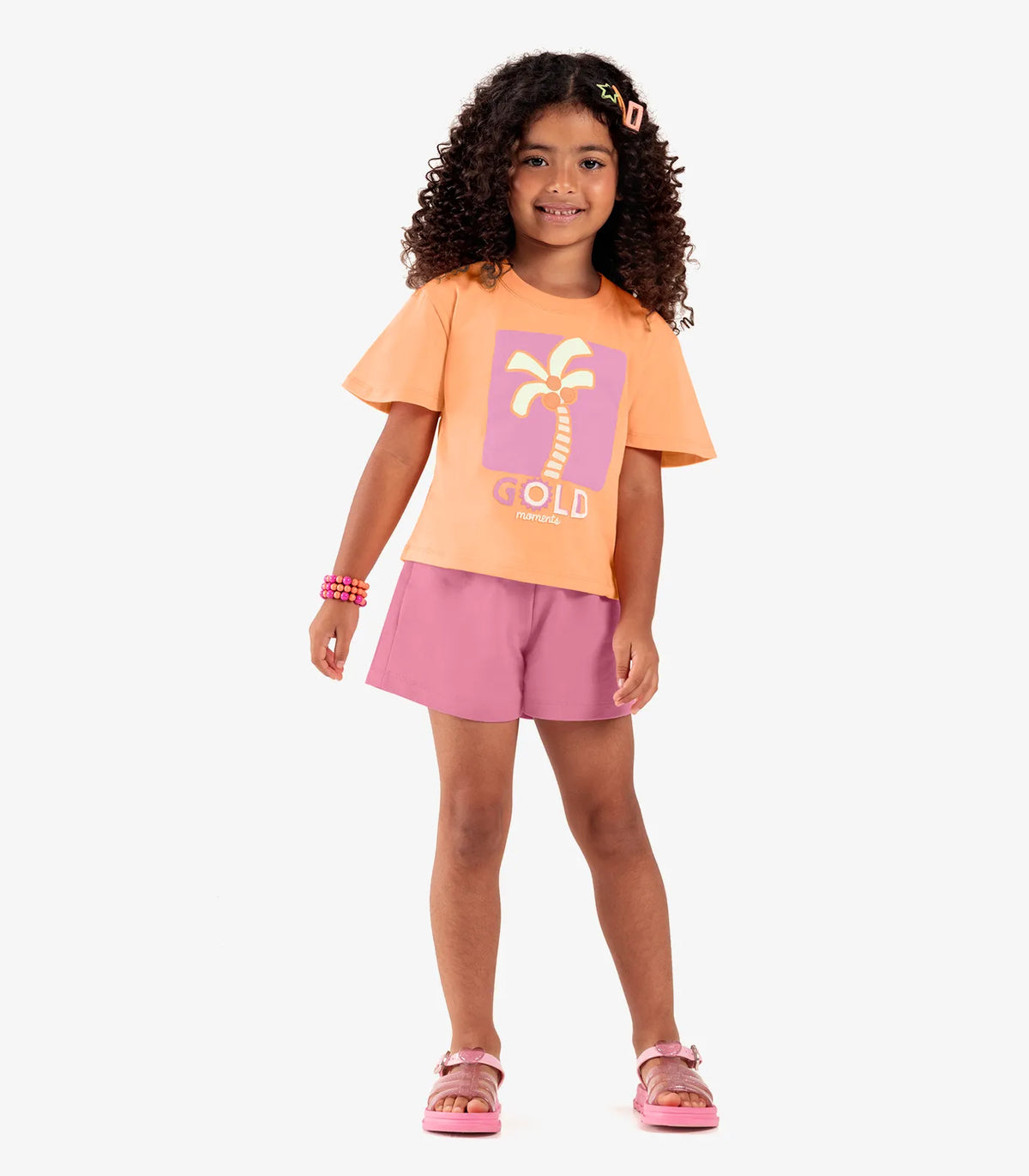 CONJ FEM BL EST COQ GOLD E SHORT MLT LARANJA