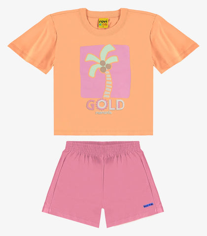CONJ FEM BL EST COQ GOLD E SHORT MLT LARANJA