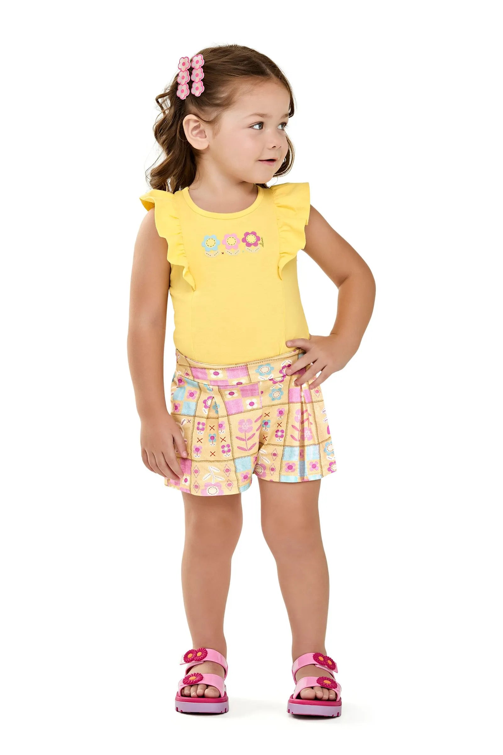 CONJ FEM BL FLORES E SHORT EST FLORAL AMARELO