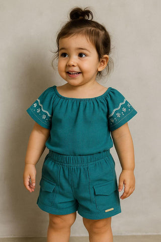 CONJ FEM BL SHORT TRICO MESCLADA DET MG AZUL PETROLEO