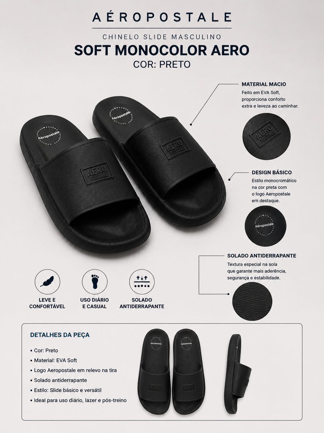 CHINELO SLIDE MAS SOFT MONOCOLOR AERO PRETO