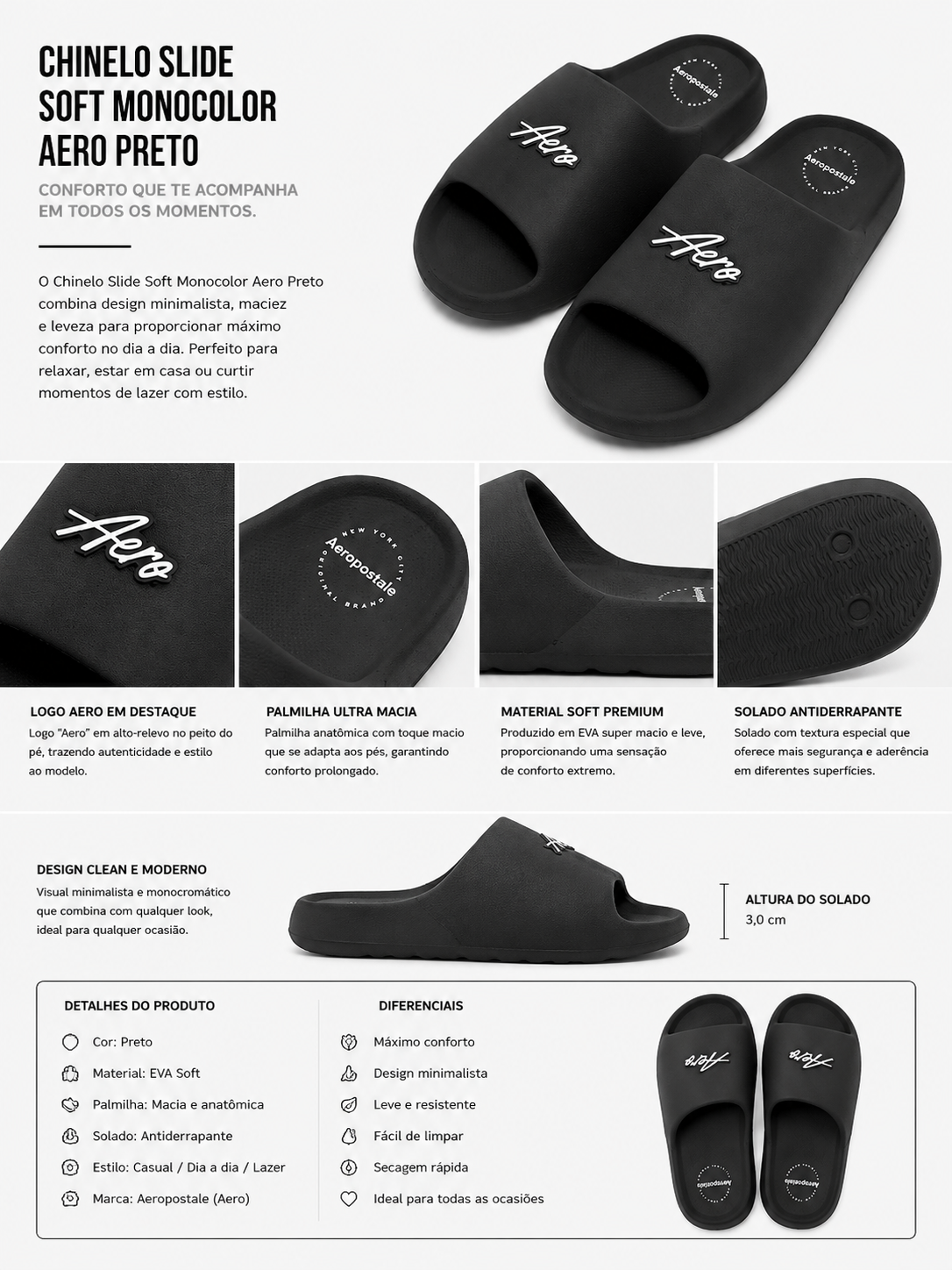 CHINELO SLIDE MAS SOFT MONOCOLOR AERO PRETO