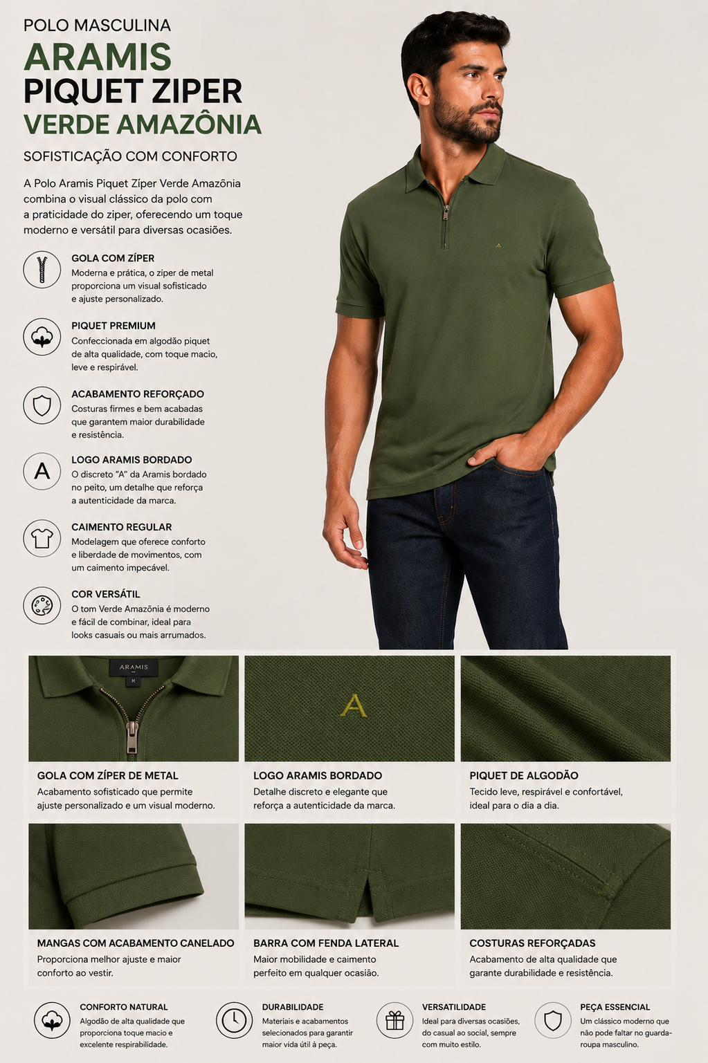POLO MAS MC PIQUET ZIPER ARAMIS VERDE AMAZONIA