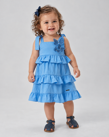 VESTIDO RODADO TRICOLINE APLIQ BORBOLETA AZUL MEDIO