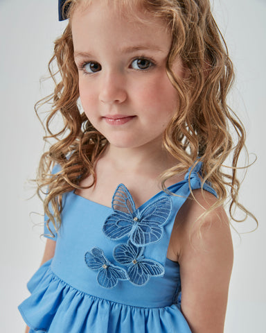 VESTIDO RODADO TRICOLINE APLIQ BORBOLETA AZUL MEDIO