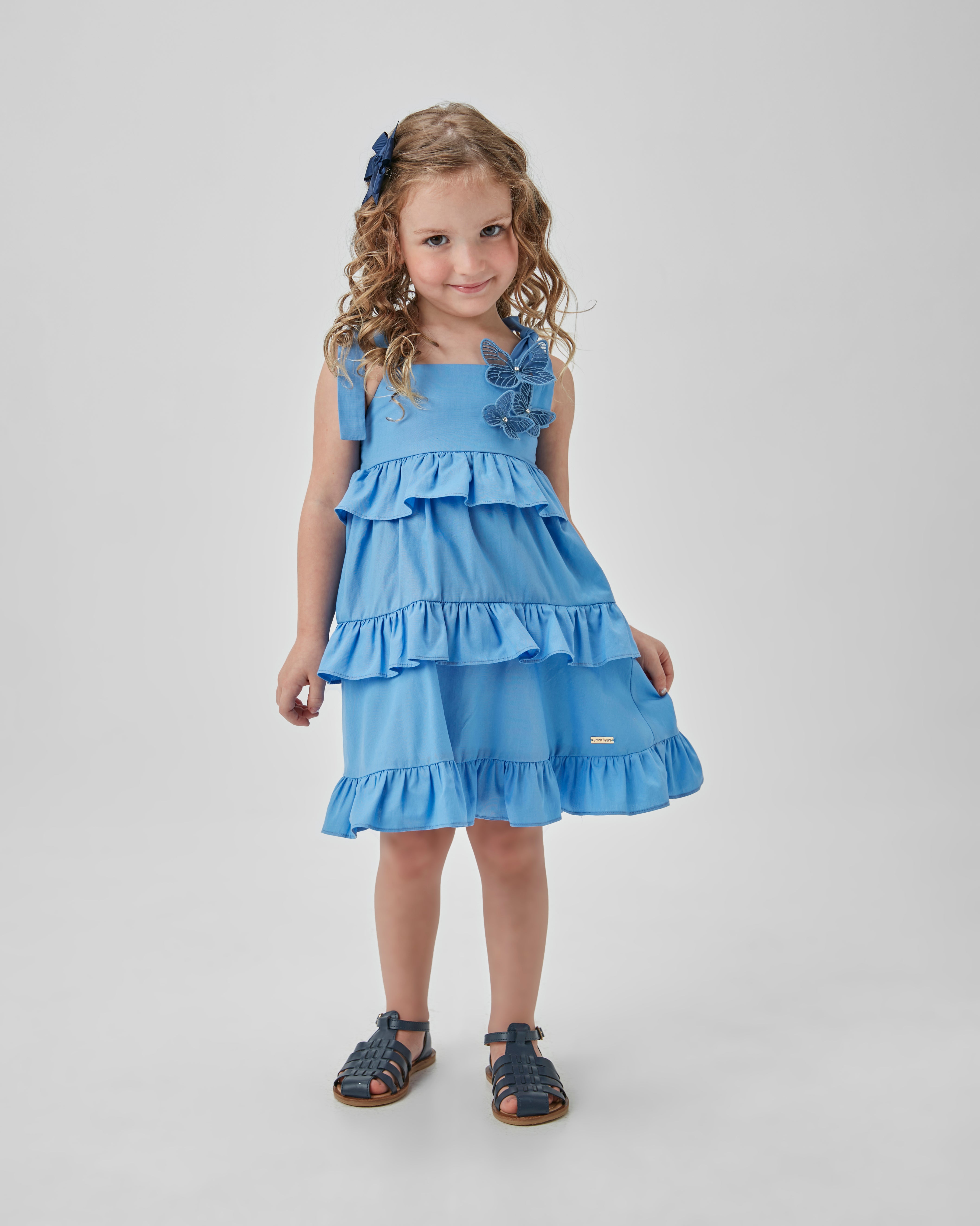 VESTIDO RODADO TRICOLINE APLIQ BORBOLETA AZUL MEDIO