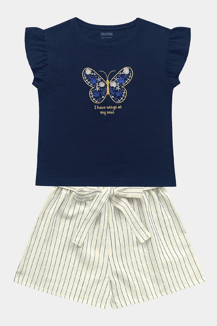 CONJ FEM BL BORD BORB E SHORT FLAME LIST MARINHO/CRU