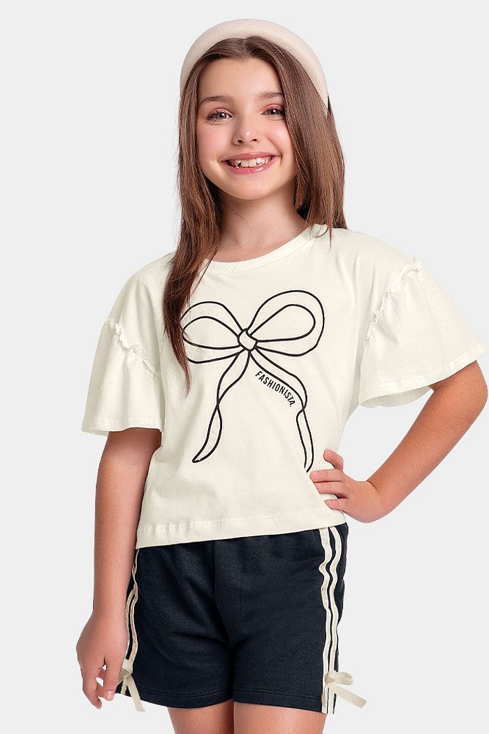 CONJ FEM BL LACO STRASS SHORT DET VELUDO MARFIM/PRETO