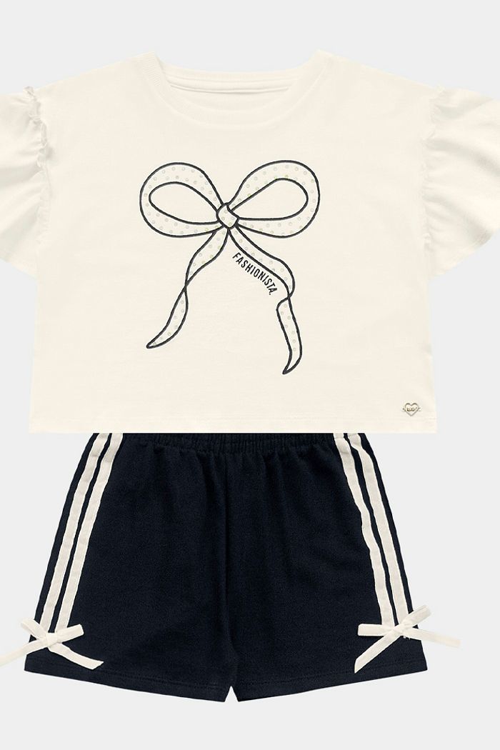 CONJ FEM BL LACO STRASS SHORT DET VELUDO MARFIM/PRETO