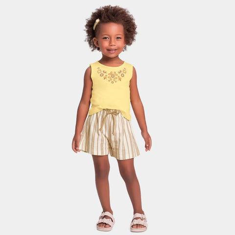 CONJ FEM REG FLORES BRILHO E SHORT LIST AMARELO/BEGE