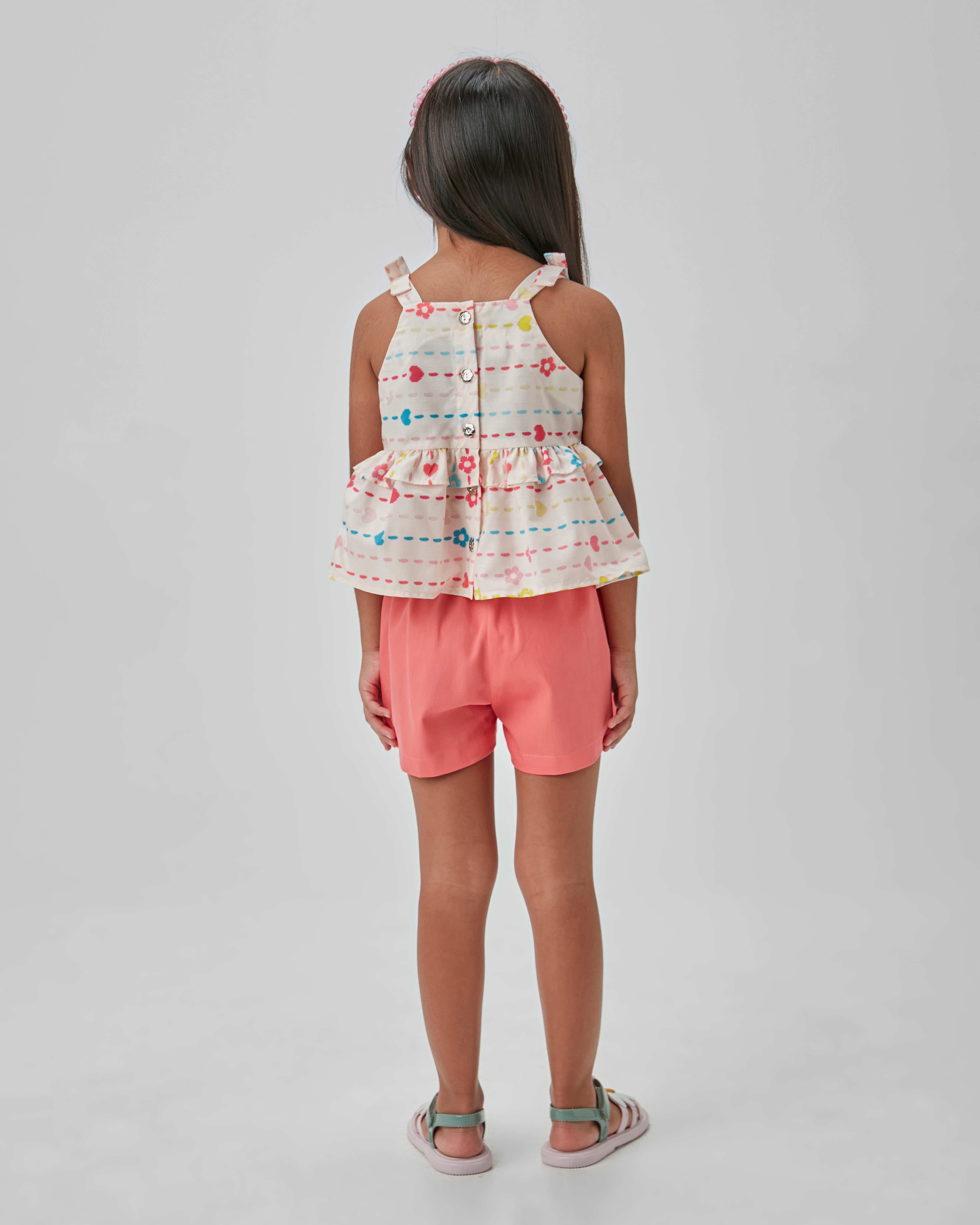 CONJ FEM BATA EST FLORES E SHORT SARJA GOIABA