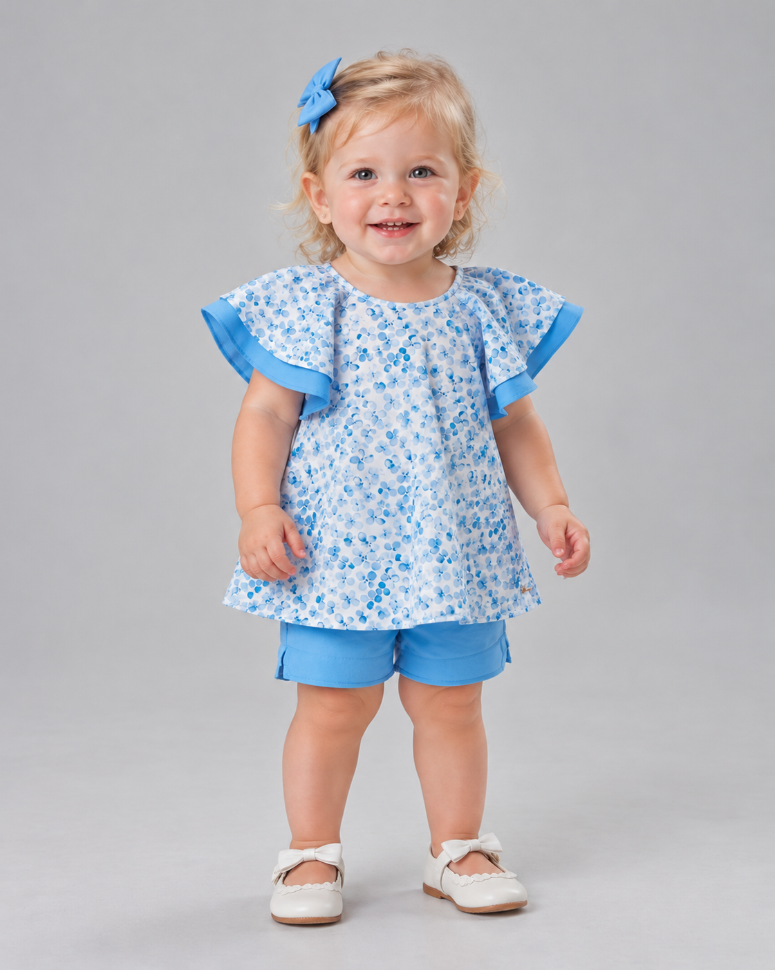 CONJ FEM BATA RODADA ESTAMPADA E SHORT AZUL CLARO