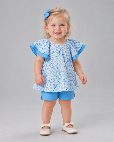 CONJ FEM BATA RODADA ESTAMPADA E SHORT AZUL CLARO