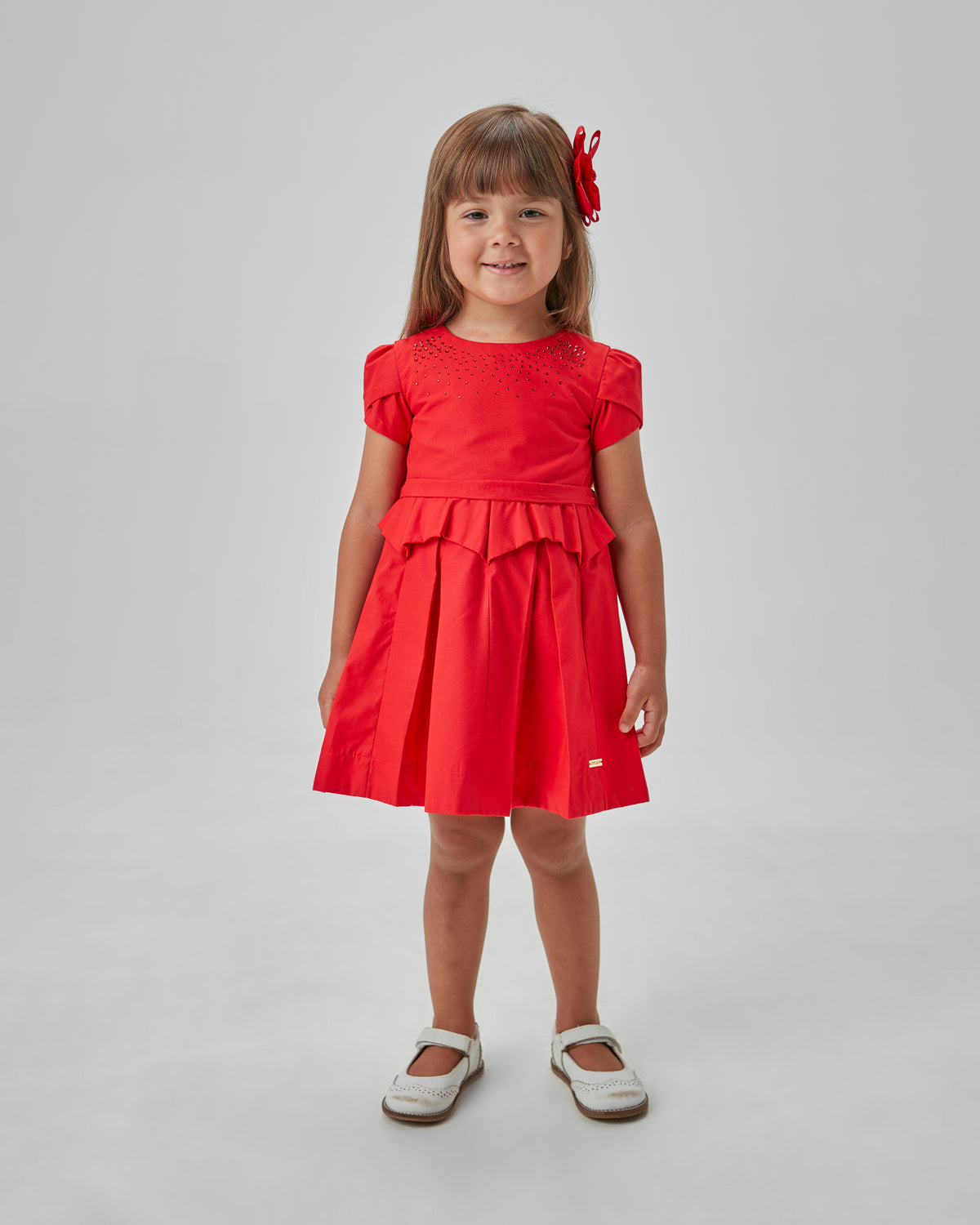 VESTIDO SAIA DE GOMOS E DETALHE STRASS VERMELHO