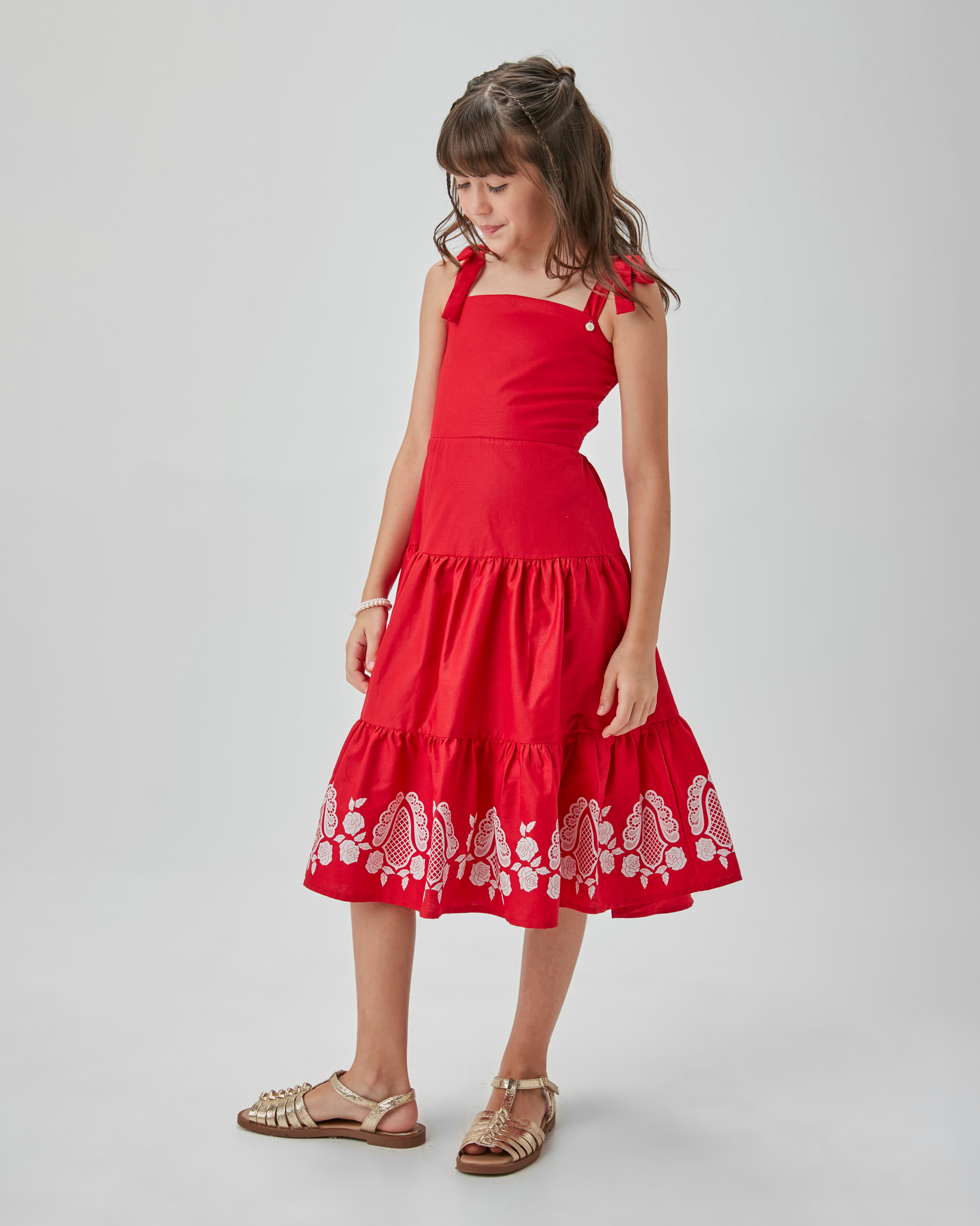 VESTIDO ALCA MIDI TRIC C ESTAMPA BARRA VERMELHO