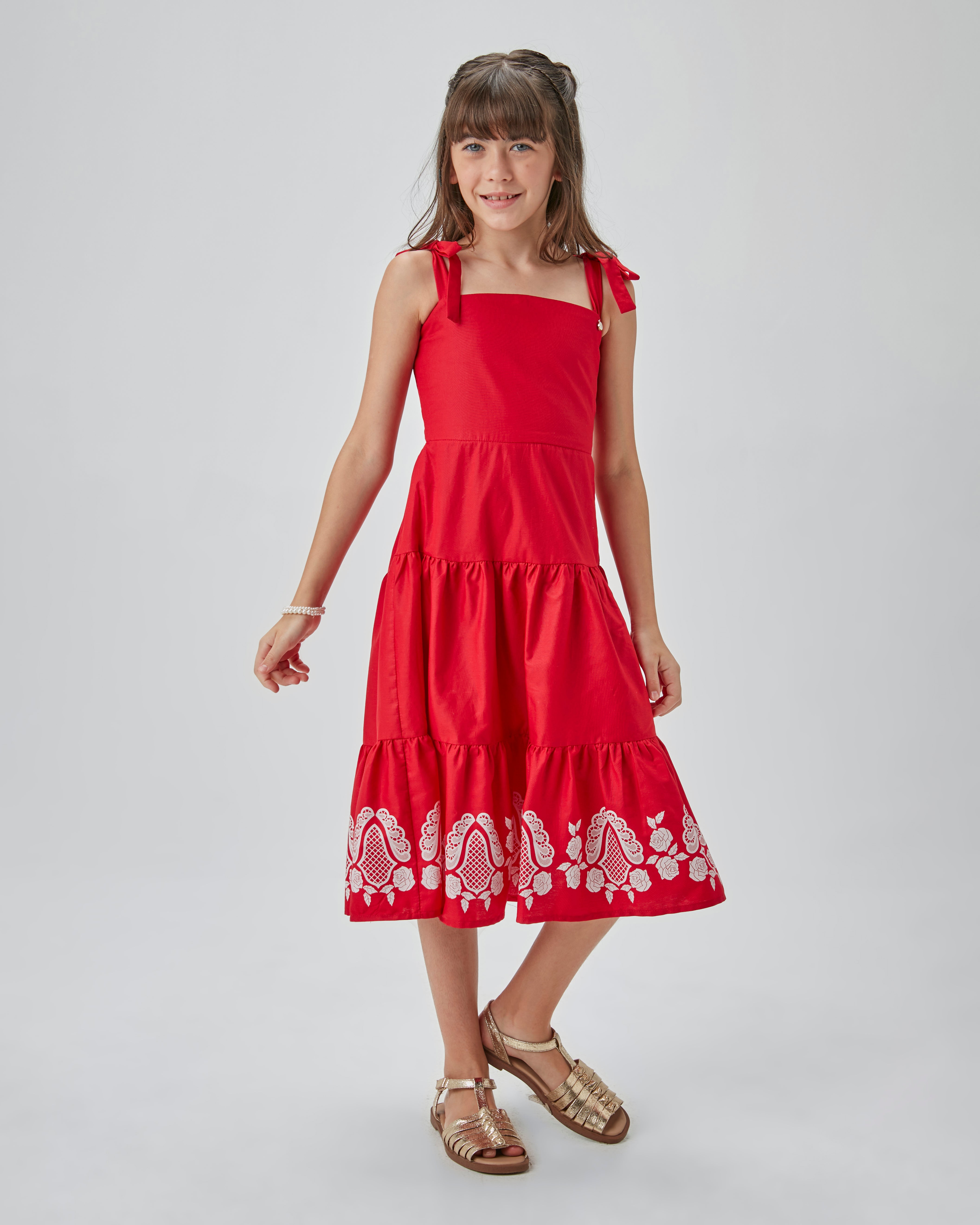 VESTIDO ALCA MIDI TRIC C ESTAMPA BARRA VERMELHO