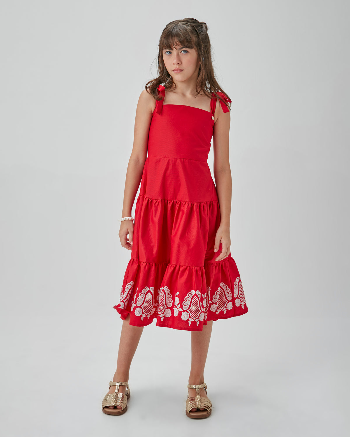 VESTIDO ALCA MIDI TRIC C ESTAMPA BARRA VERMELHO