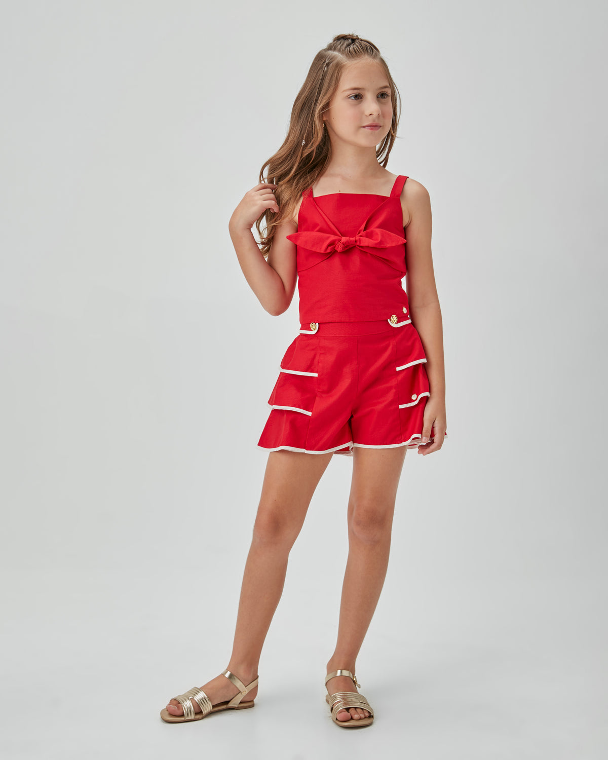 CNJ FEM TOP LACO E SAIA SHORT C VIVOS VERMELHO