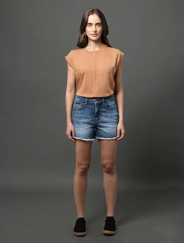 SHORTS JNS CKJ FEM CINT ALTA BARRA DESF AZUL MEDIO