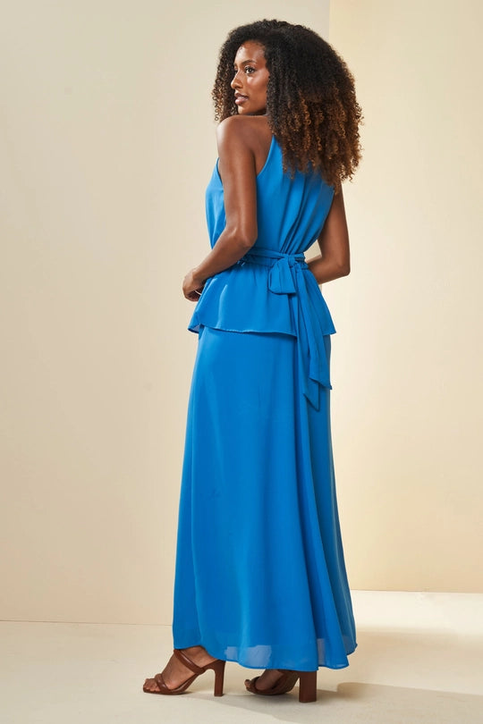 VESTIDO LONGO SM CHIFFON SOFT BAB FLOR AZUL JEANS