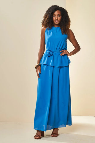 VESTIDO LONGO SM CHIFFON SOFT BAB FLOR AZUL JEANS