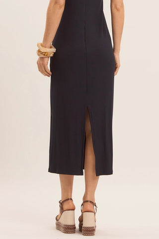 VESTIDO MIDI DE MANGA CURTA EM RIBANA PRETO