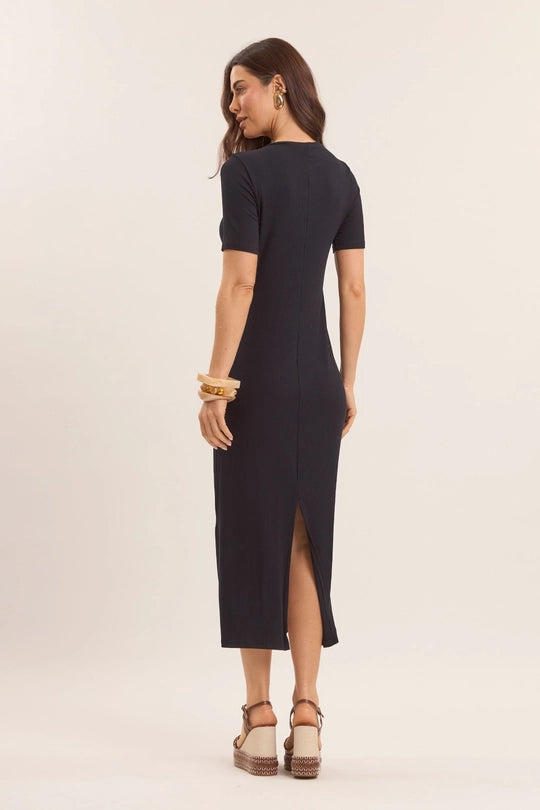 VESTIDO MIDI DE MANGA CURTA EM RIBANA PRETO
