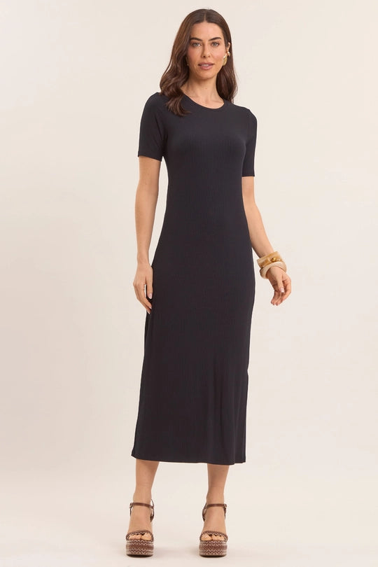 VESTIDO MIDI DE MANGA CURTA EM RIBANA PRETO