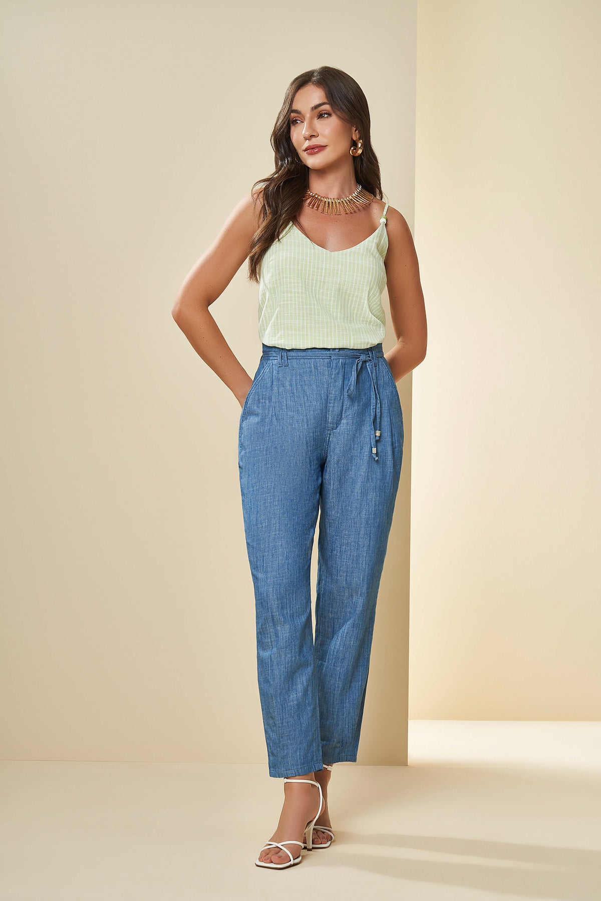 BLUSA FEM DE ALCA PLANO LINEN LISTRADO LIMA DOCE