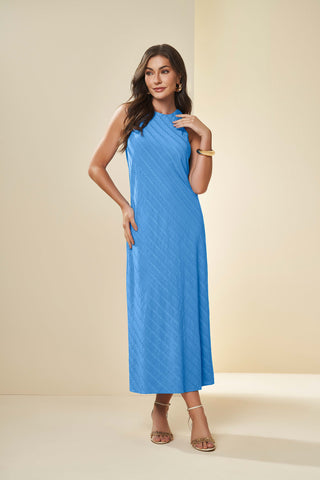 VESTIDO LONGO SM PLANO VISCOSE CHEVRON AZUL JEANS