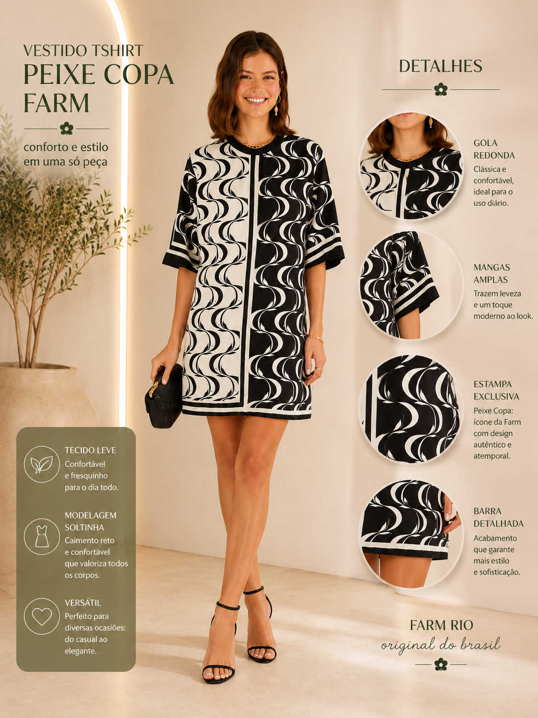 VESTIDO TSHIRT PEIXE COPA FARM PRETO/OFF WHITE