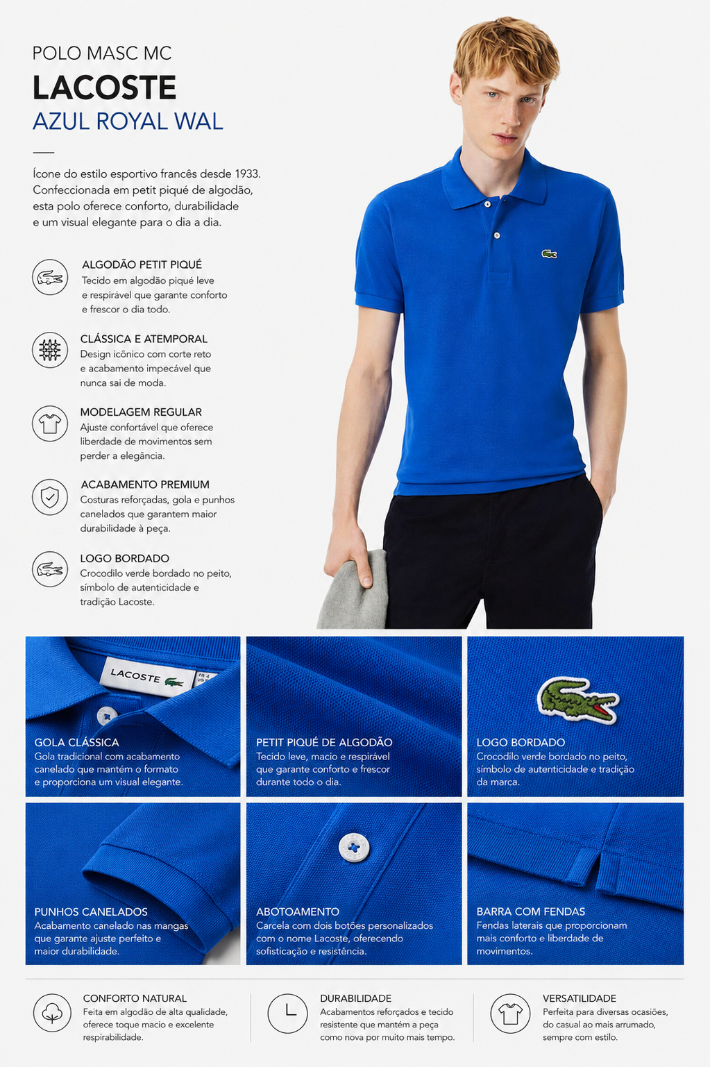 POLO MASC MC LACOSTE AZUL ROYAL WAL