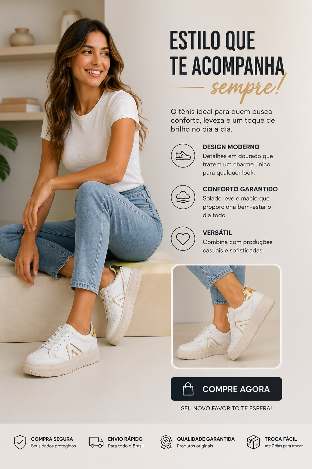 TENIS FEM AEROPOSTALE BRANCO/DOURADO/OFF WHITE