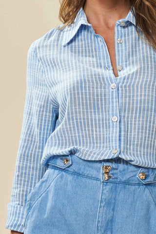 CAMISA FEM ML PLANO LINEN LISTRADO AZUL JEANS