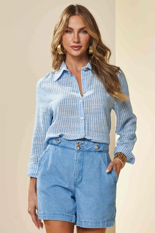 CAMISA FEM ML PLANO LINEN LISTRADO AZUL JEANS