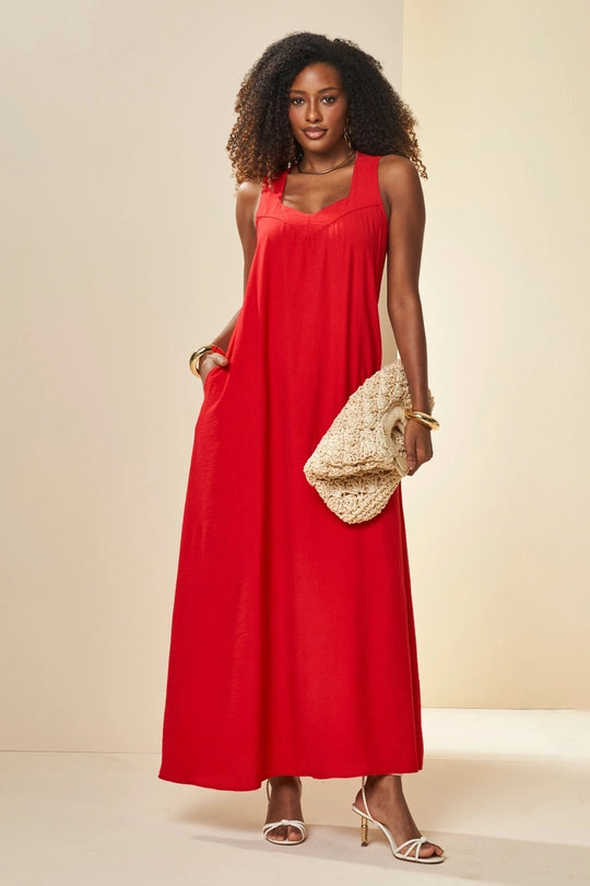 VESTIDO LONGO SM CREPONADO VISCOFLOW VERMELHO ROMA