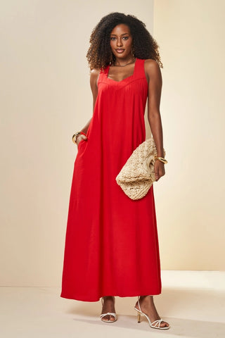 VESTIDO LONGO SM CREPONADO VISCOFLOW VERMELHO ROMA