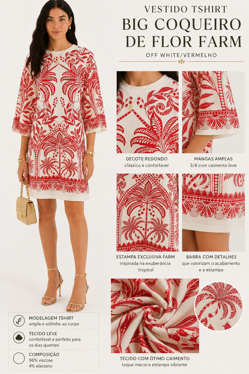 VESTIDO TSHIRT BIG COQUEIRO DE FLOR FARM OFF WHITE/VERMELHO
