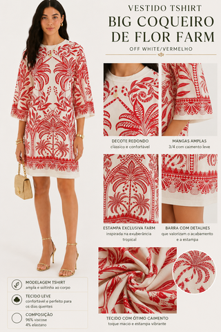 VESTIDO TSHIRT BIG COQUEIRO DE FLOR FARM OFF WHITE/VERMELHO