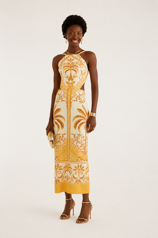VESTIDO LONGO PAISAGEM TROPICAL FARM BEGE