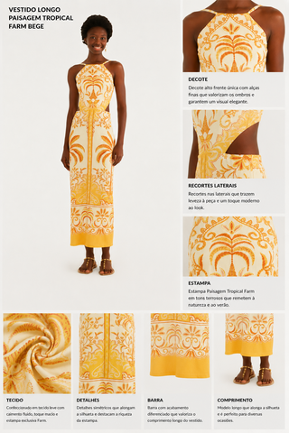 VESTIDO LONGO PAISAGEM TROPICAL FARM BEGE