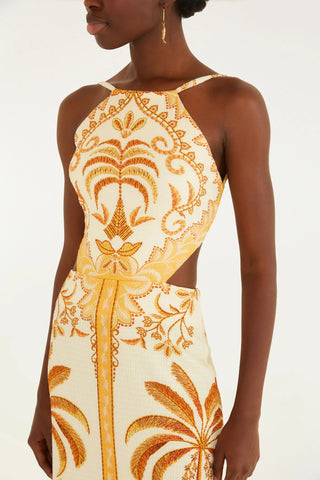 VESTIDO LONGO PAISAGEM TROPICAL FARM BEGE