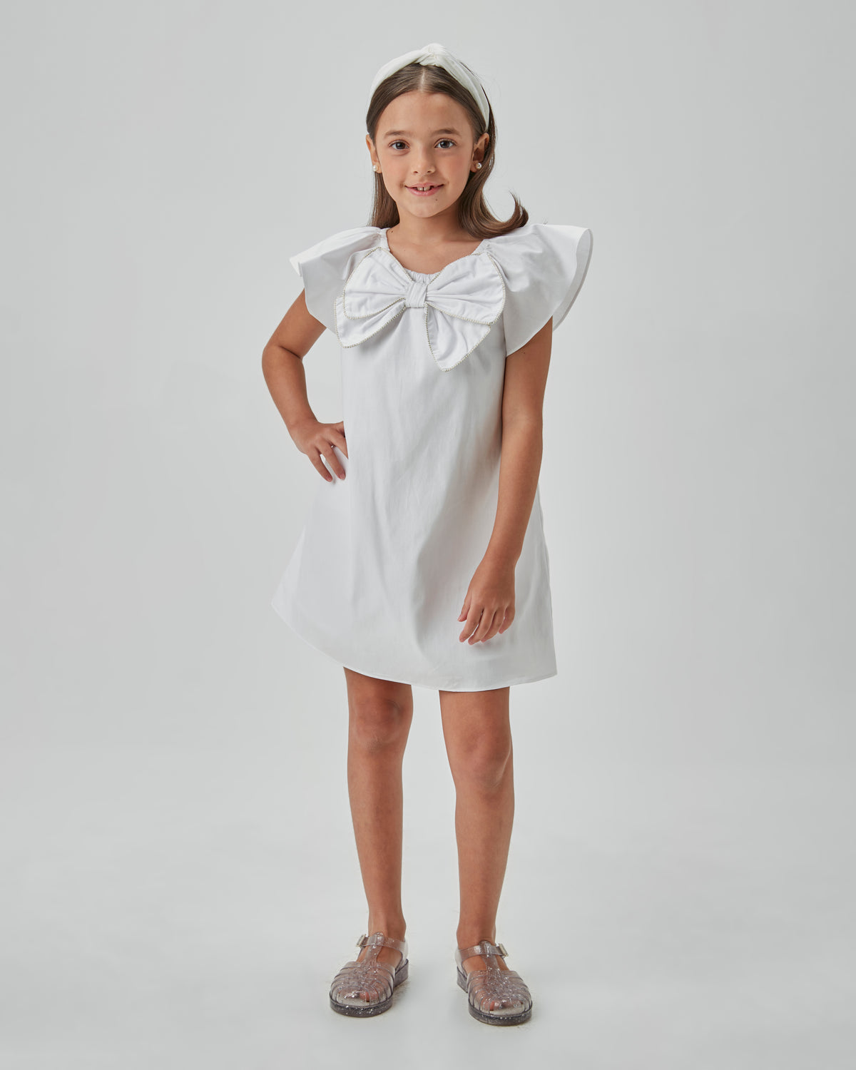 VESTIDO EM TRICOLINE C DET LACO FRENTE BRANCO