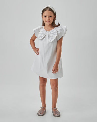 VESTIDO EM TRICOLINE C DET LACO FRENTE BRANCO