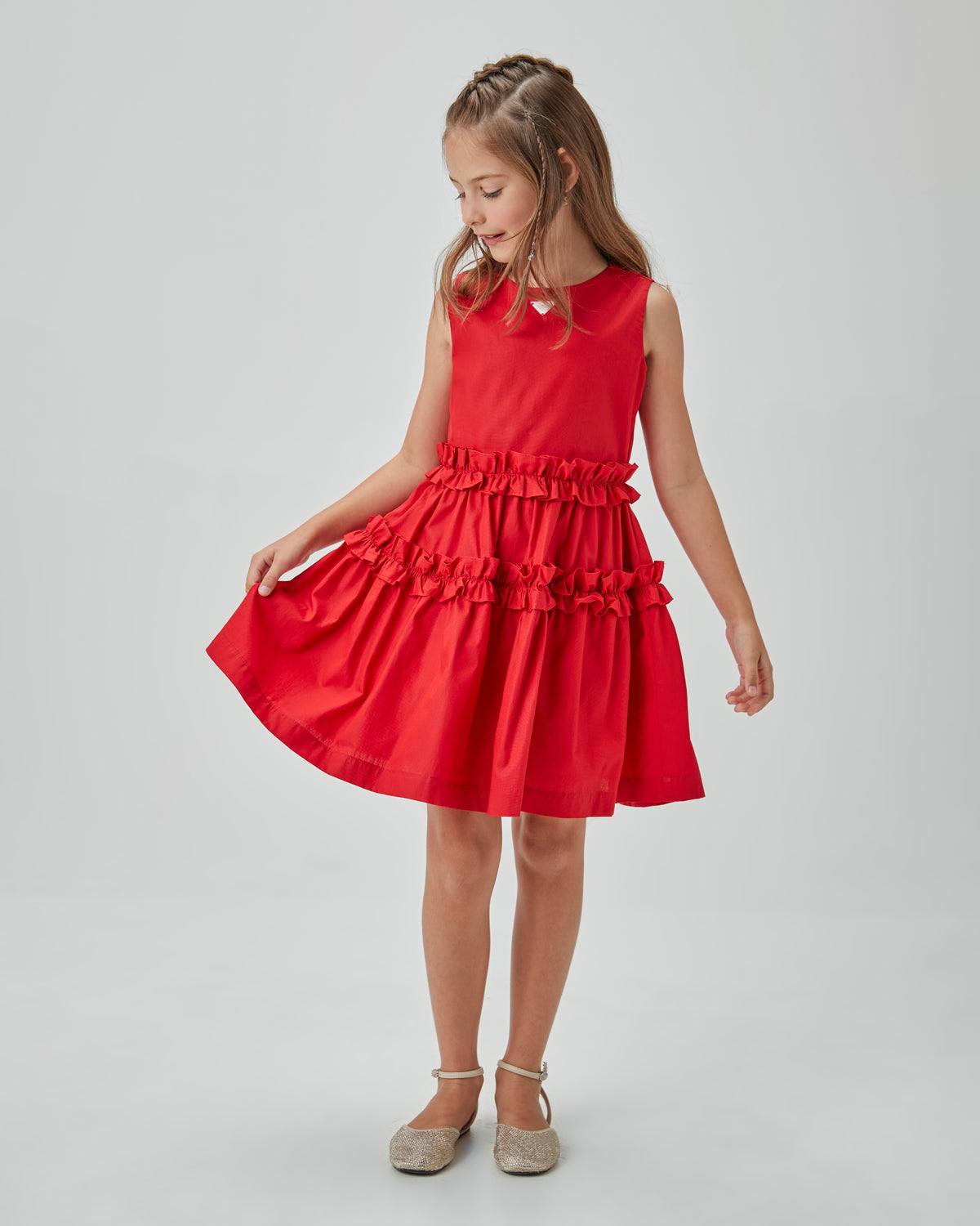 VESTIDO RODADO TRICOLINE C BABADOS VERMELHO