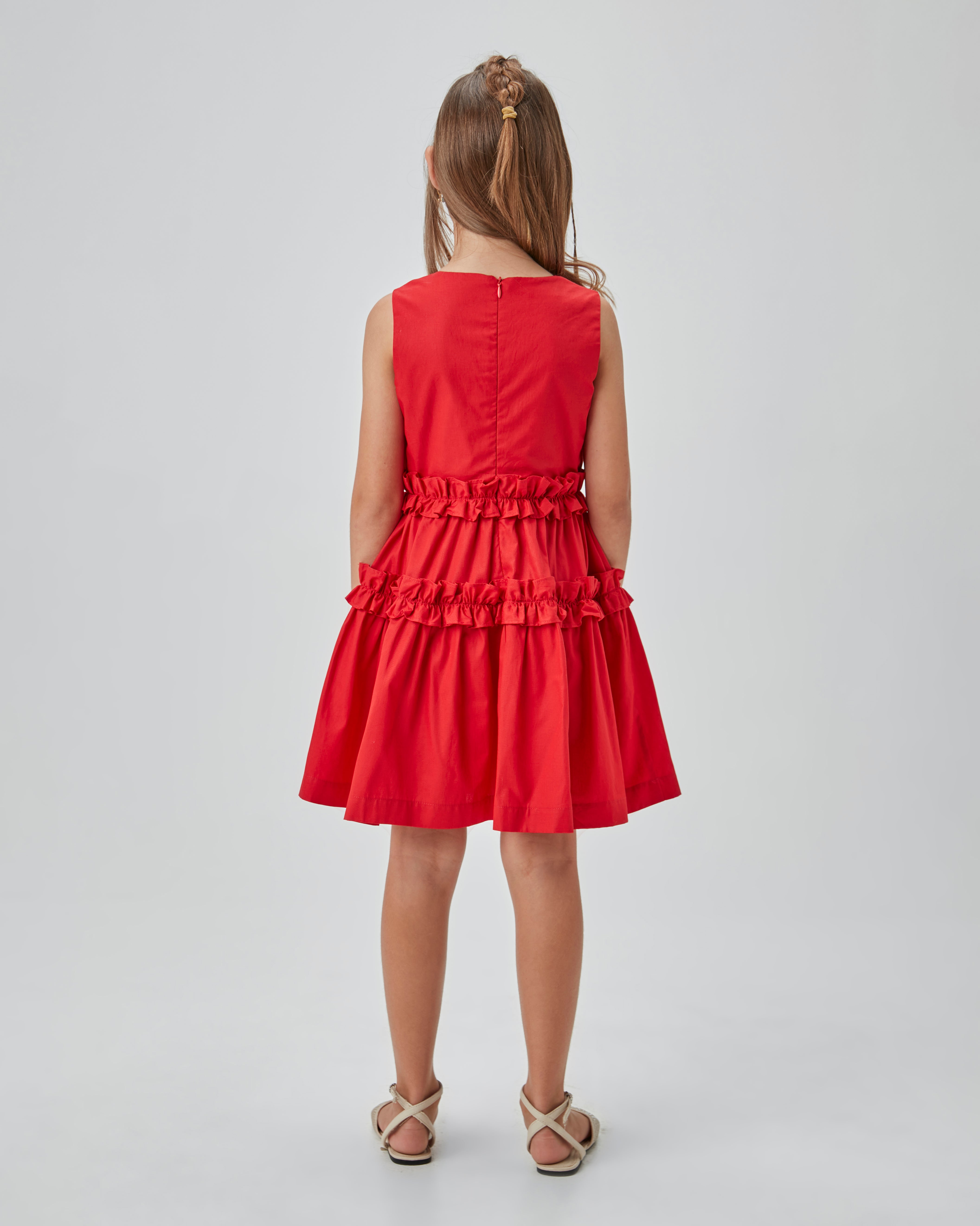 VESTIDO RODADO TRICOLINE C BABADOS VERMELHO