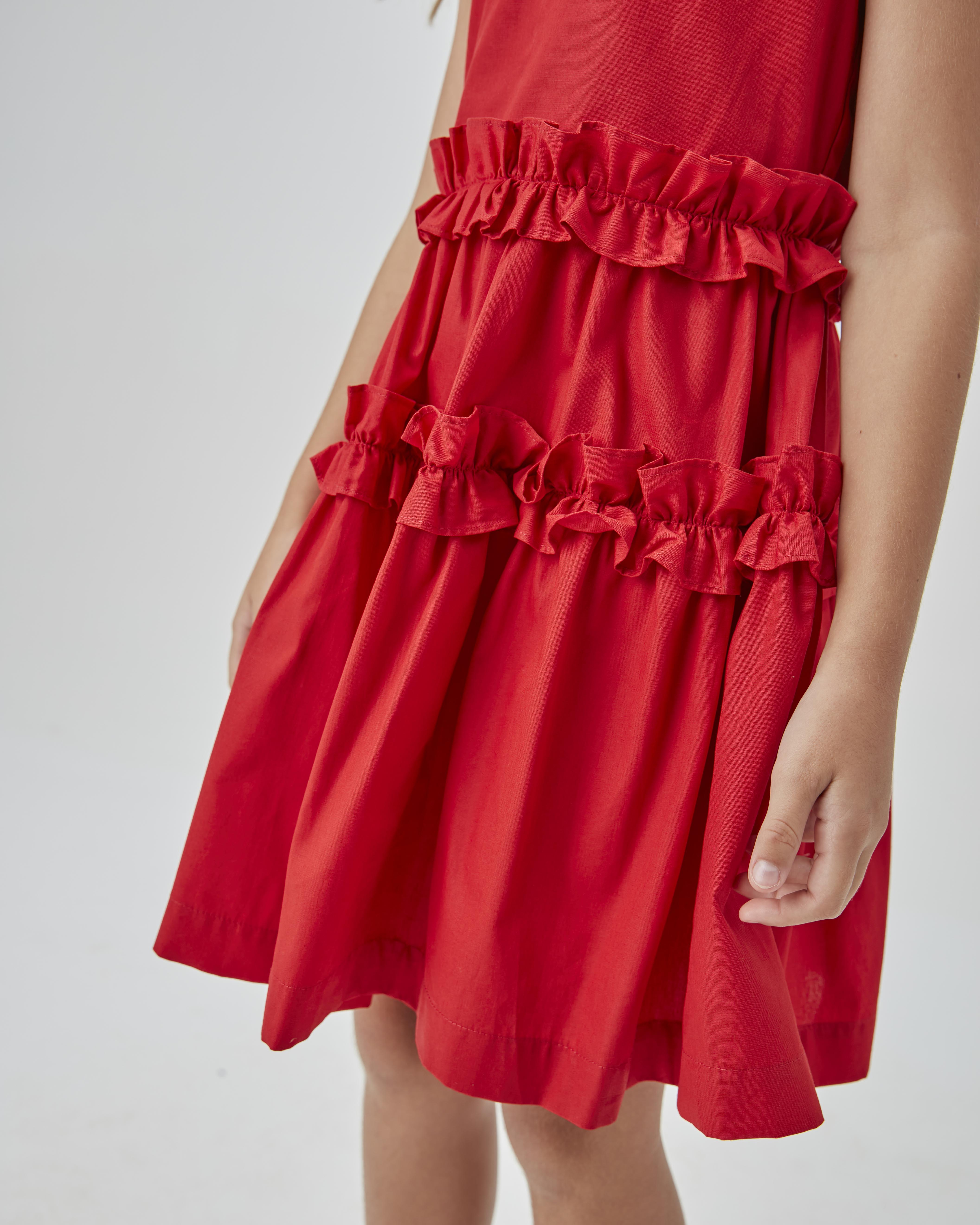 VESTIDO RODADO TRICOLINE C BABADOS VERMELHO