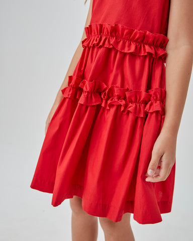 VESTIDO RODADO TRICOLINE C BABADOS VERMELHO